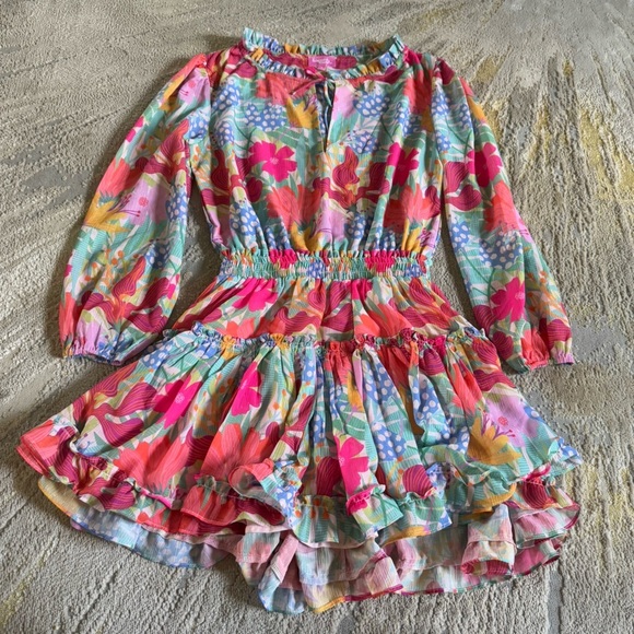 Sincerely Ours Freya Dress floral colorful mini full skirt long sleeve small - Picture 2 of 7